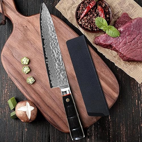 Miniatura 7 de Cuchillo de chef japonés profesional de 8 pulgadas, afilado de 67 capas Damasco VG-10 con núcleo de acero, cuchillo de cocina martillado con mango