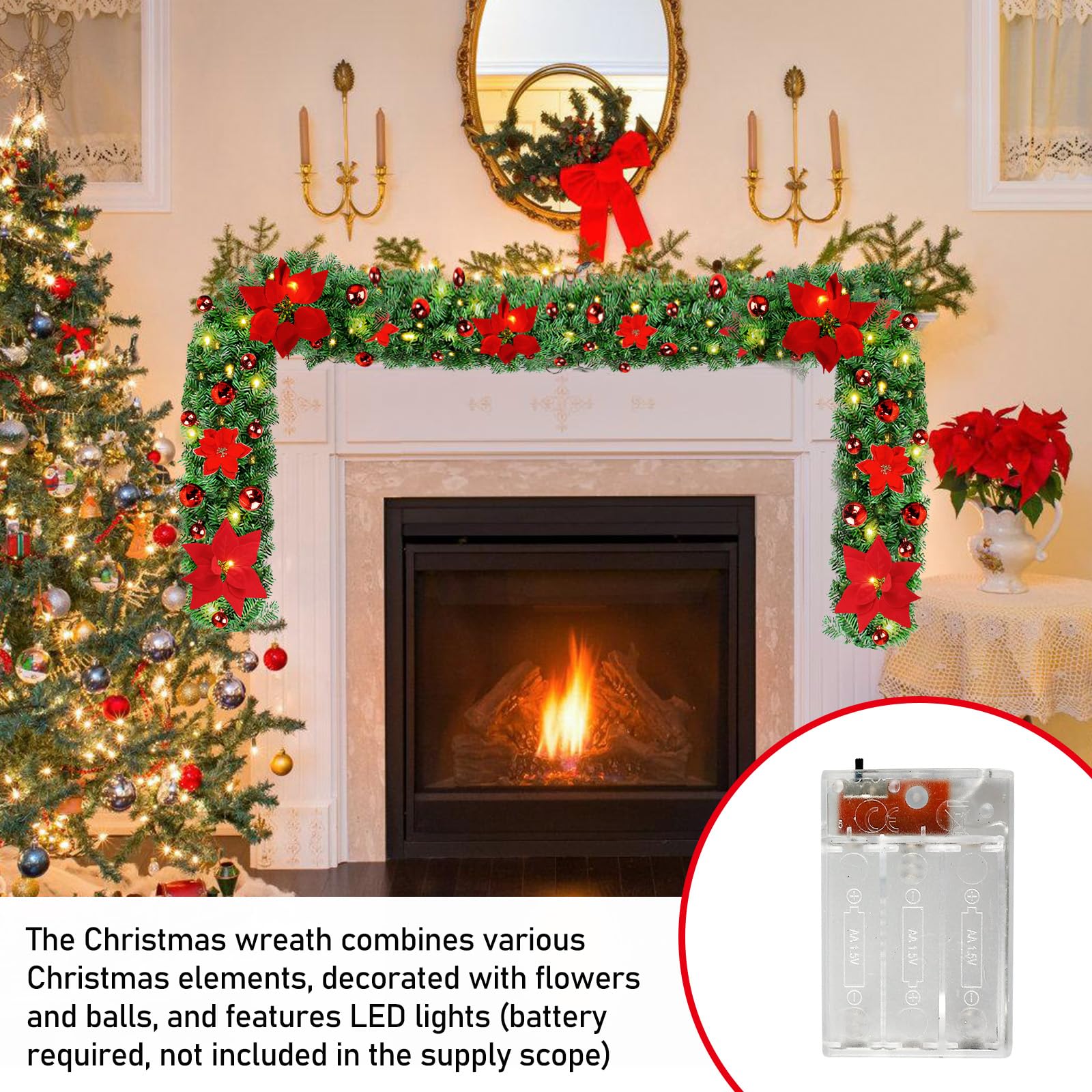 Guirlande De Noël De 2,7 M Avec Fleurs Et Boules De Noël