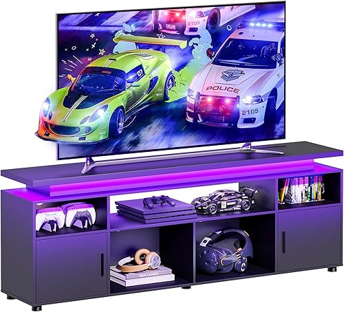 Miniatura 7 de SUNCOZE Soporte de TV, centro de entretenimiento con luces LED y gabinete para TV de 70/75/80 pulgadas, consola de TV moderna para juegos y medios