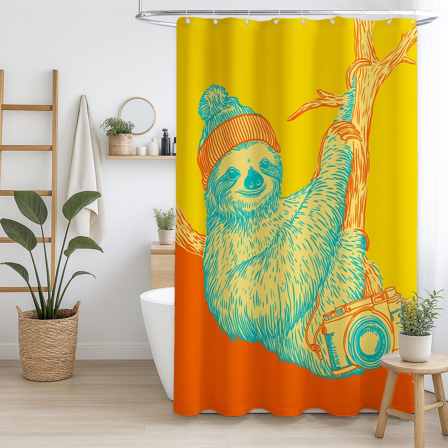 Zasłona prysznicowa 240 x 200 cm, 1 panel, miękka mikrofibra, wodoodporna i odporna na pleśń, nadaje się do prania, do łazienki, wanny, z oczkami i haczykami, pomarańczowa, leniwiec