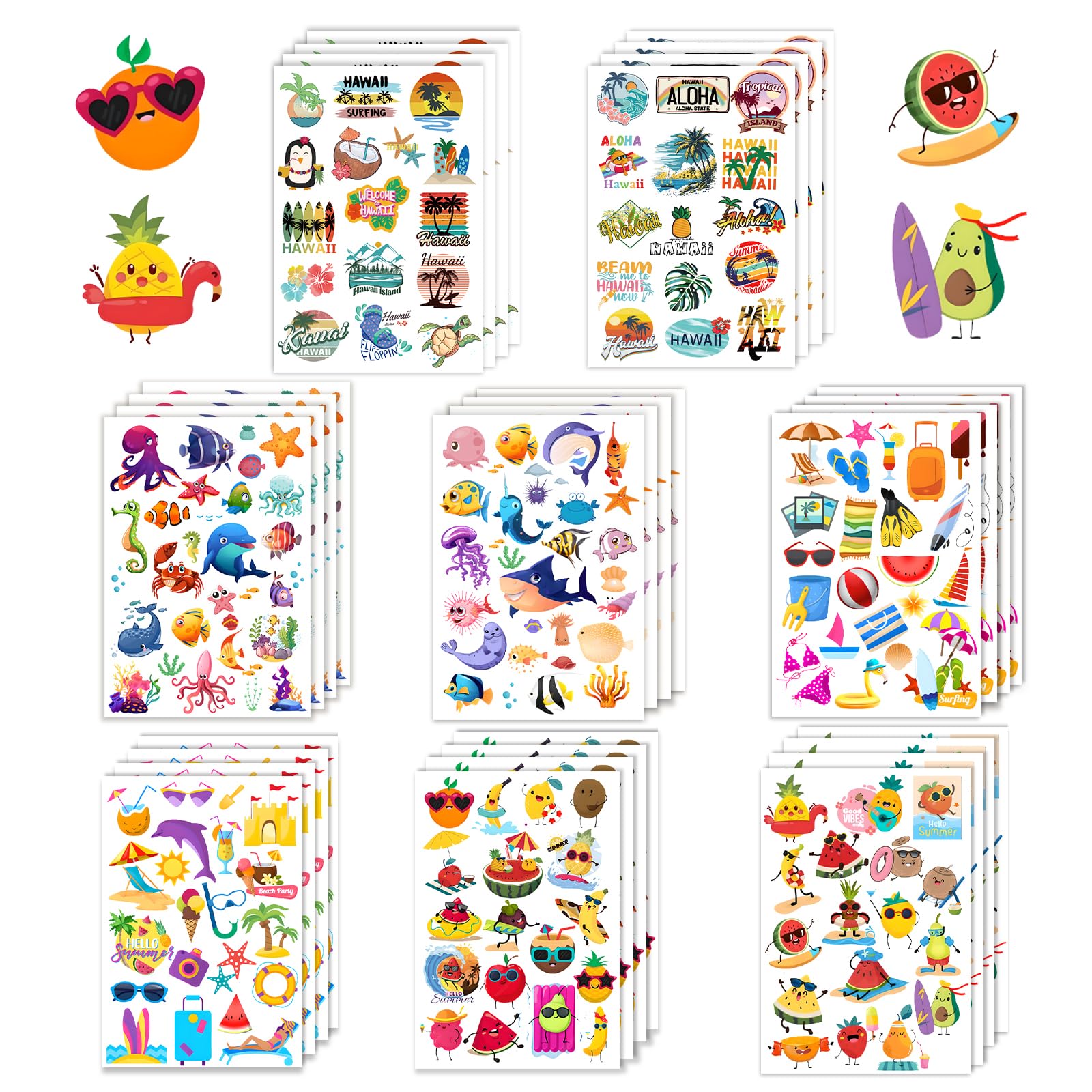 Calcomanías de verano para niños con más de 600 unidades impermeables y diseño tropical
