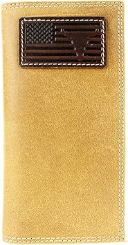 American Bison Mens Rodeo Wallet Embossed Bison Skull & American Flag Leather Bi-Fold with 12 Card Slots, ID Window, 4 Bill Compartments, Pen Holder Wooden Gift Box Tan