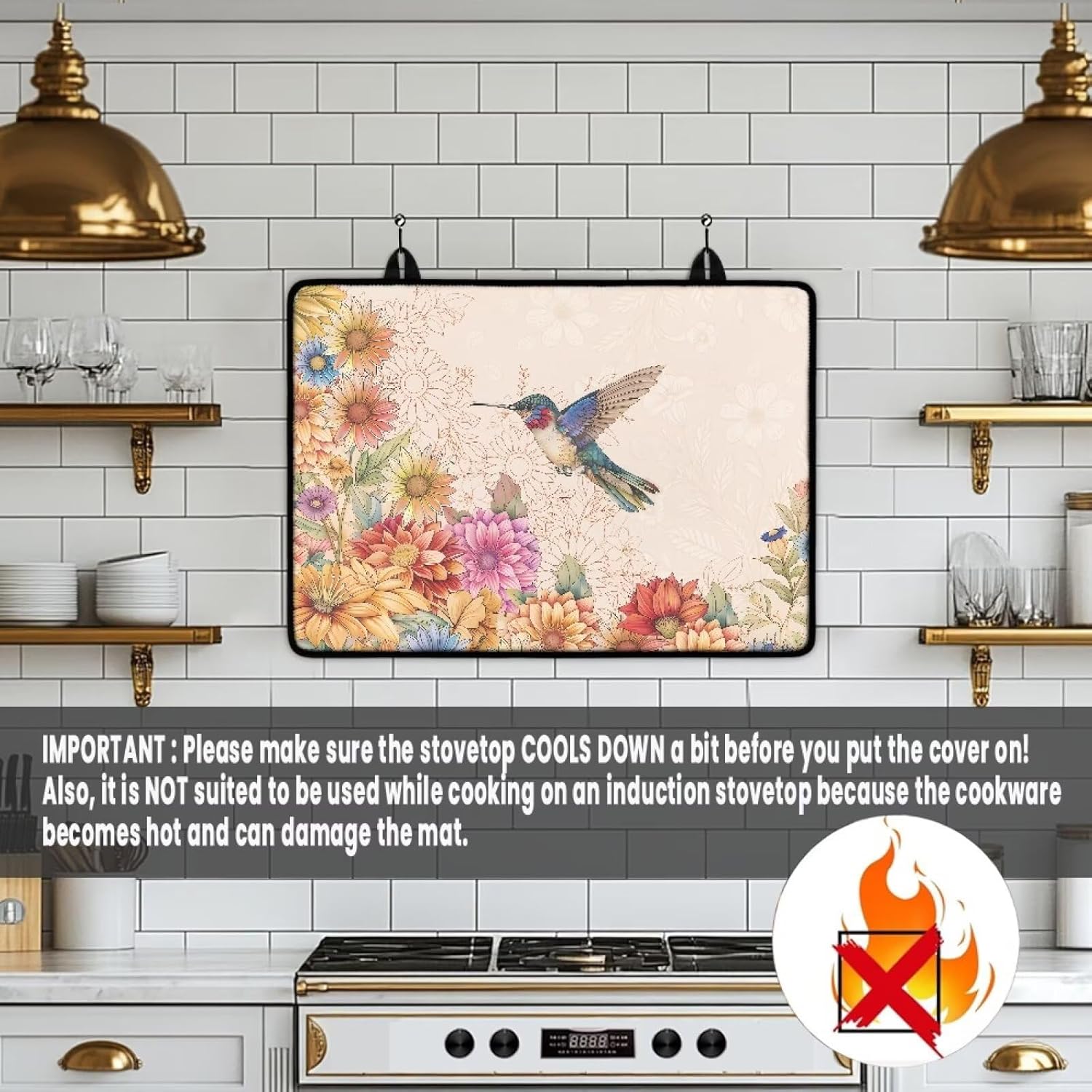 Hummingbird Daisy Pattern Electric Stove Top Covers, Heat Resistant No Crease Ceramic Glass, Induction, Cook Top, Flat RV Range Covers Protector, Dish Drying Mat for Kitchen Appliances