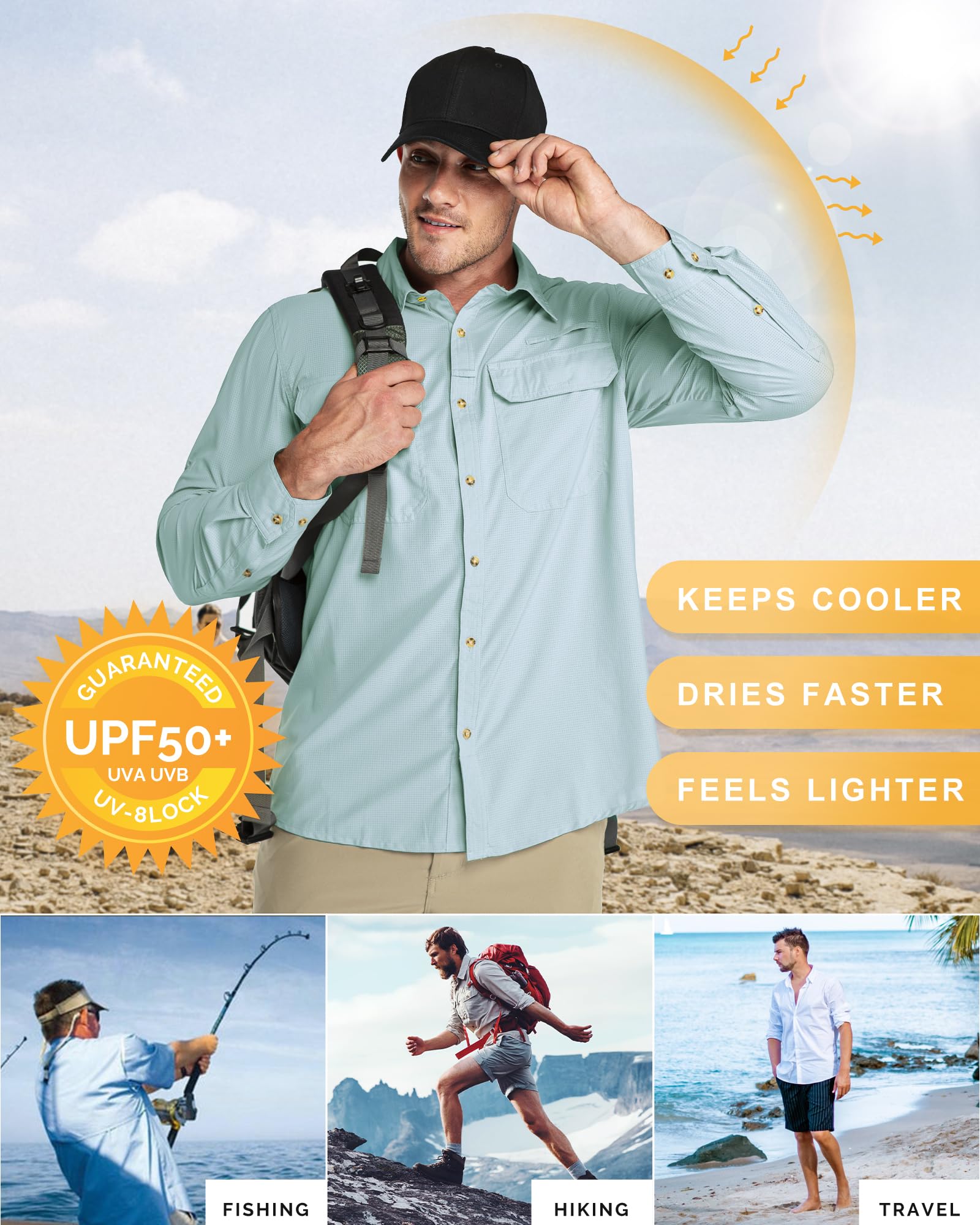 33,000ft Chemise de protection solaire à manches longues pour homme UPF 50+ UV - Séchage rapide - Pour voyage, safari, camping, randonnée