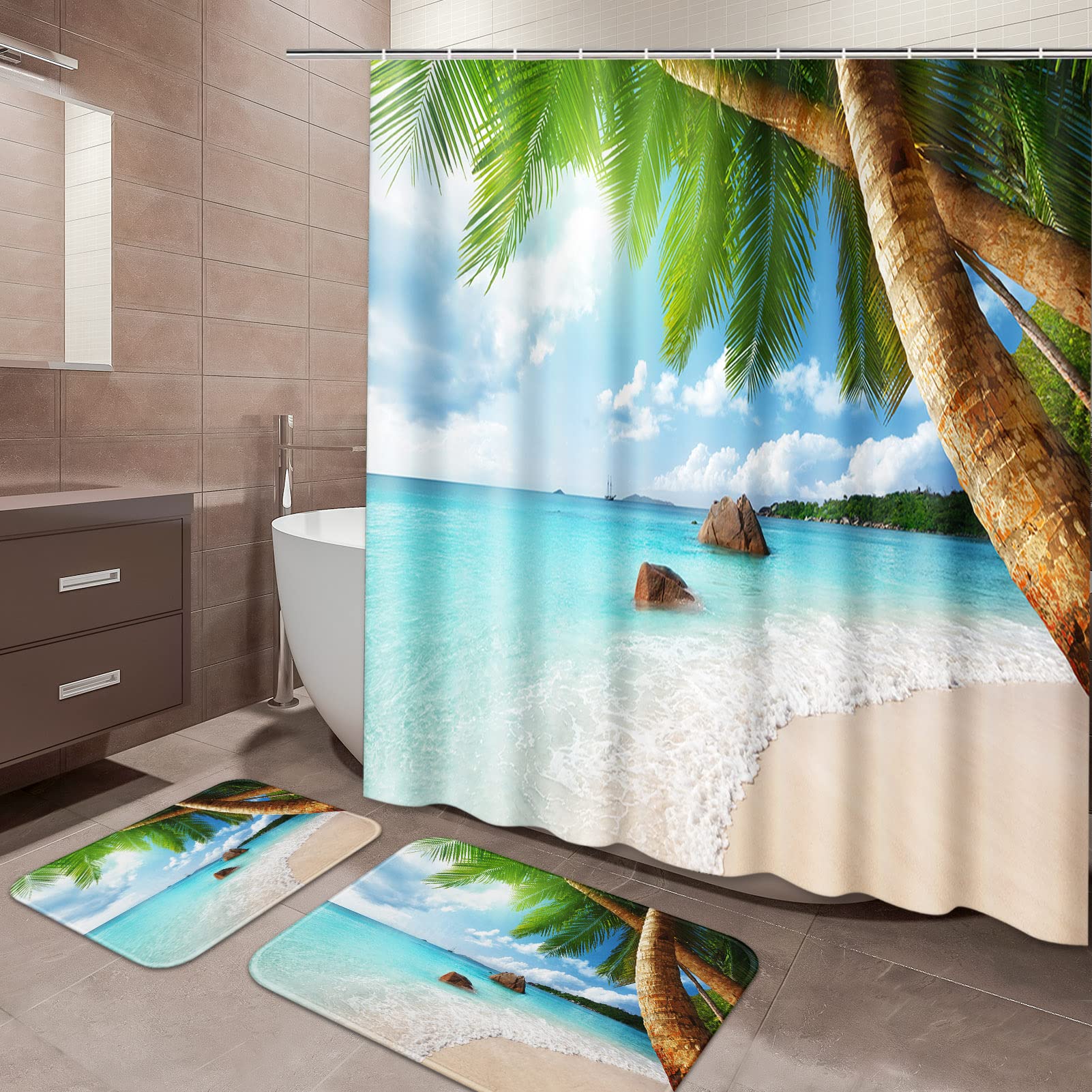 Amazon.com: ArtSocket Beach Bathroom Sets with Shower Curtain and Rugs ...