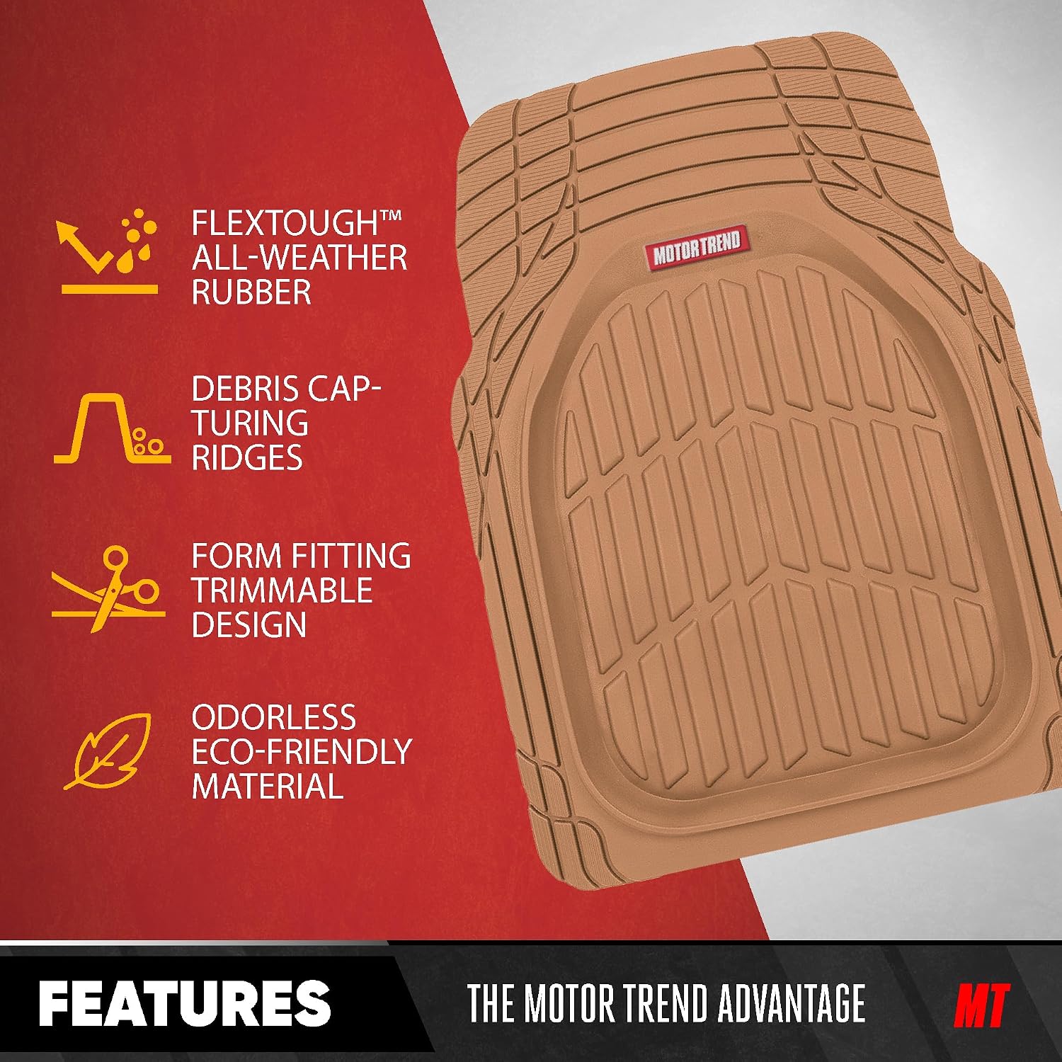 Motor Trend Original FlexTough Beige Rubber Car Floor Mats for 3 Row Vehicles, Front & Rear 2nd Row Deep Dish All Weather Automotive Heavy Duty Trim to Fit, Automotive Liners for Cars Truck Van SUV