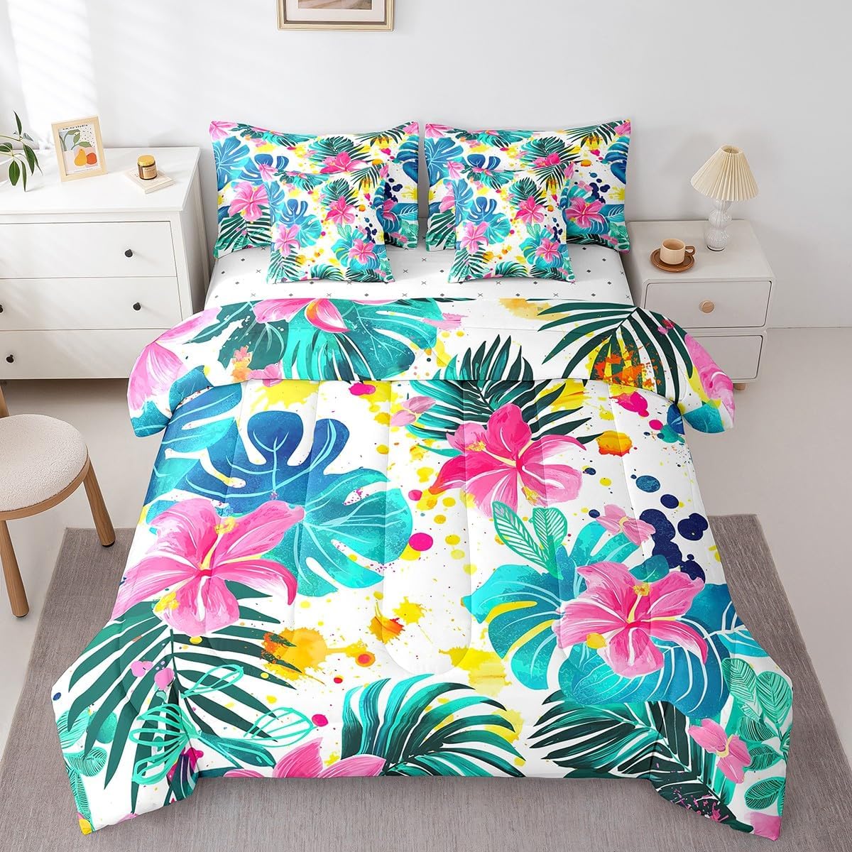 Erosebridal Summer Hawaii Bedding Set Palm Leaves Comforter Set,Tropical Botanical Floral Bed in A Bag,Watercolor Graffiti Bed Set 7 Piece Bed in A Bag Full,Yellow Green Red