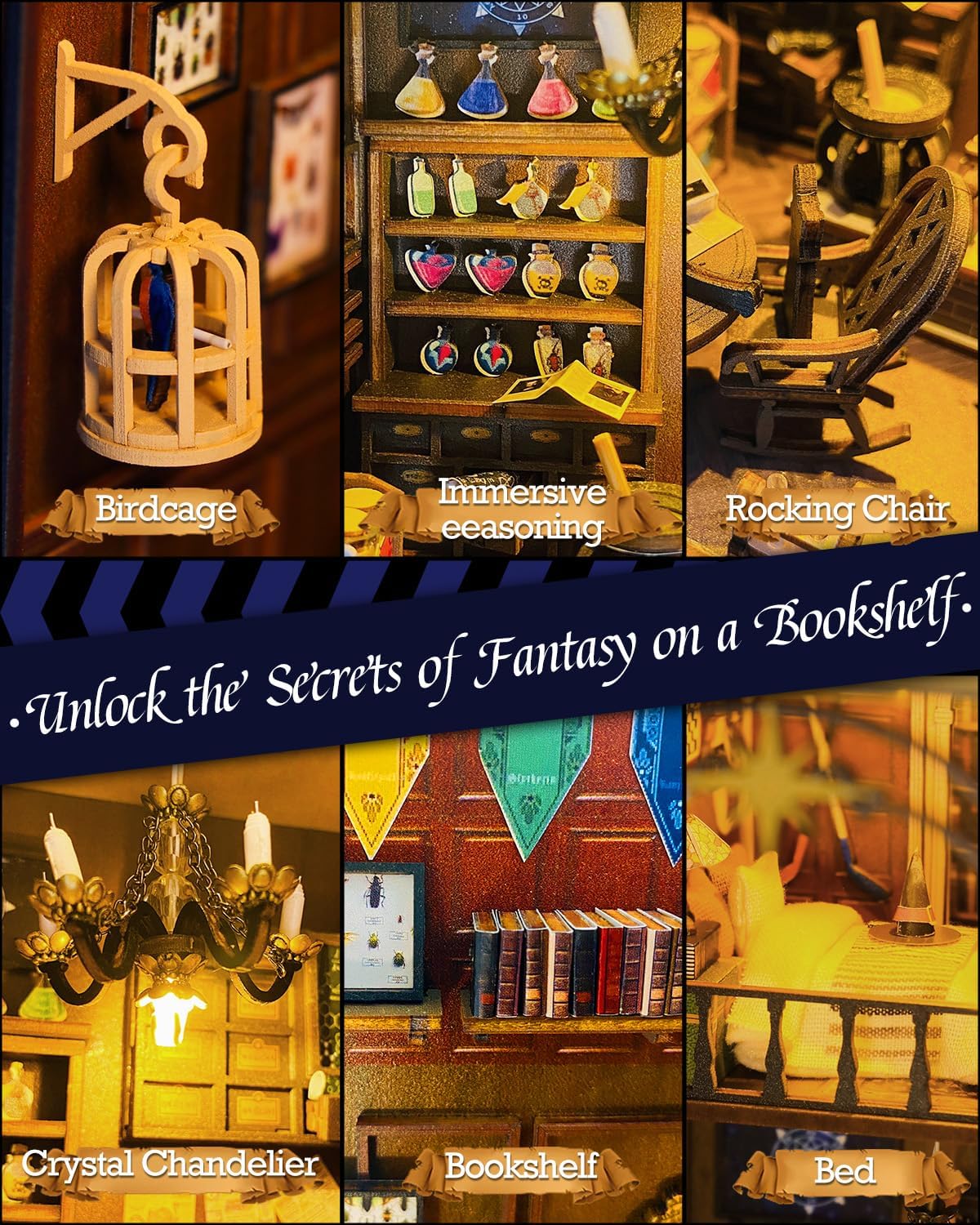 DIY Book Nook Kit - Magic 3D Wooden Booknook Bookshelf Decor with LED Lights, Enchanted Magic Miniature House Dollhouse Building Set, Creative Craft Gift for Adults, Teens & Book Lovers