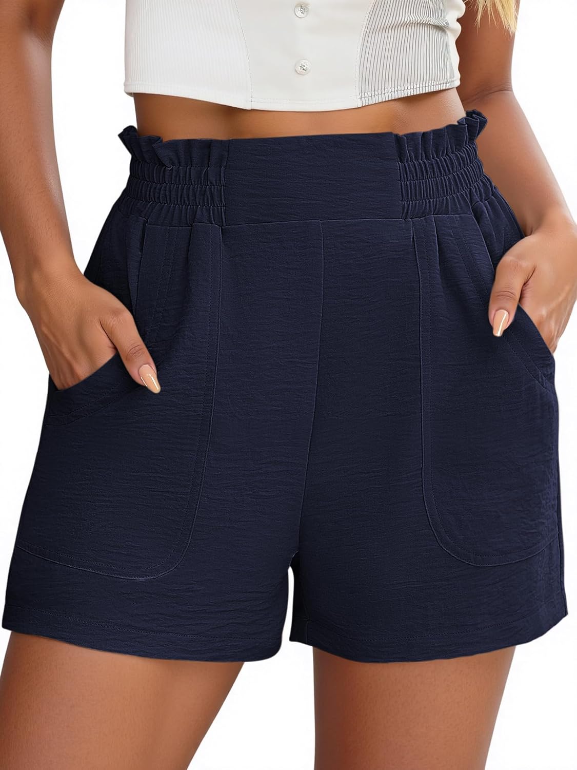 Womens Casual Elastic Waist Shorts High Waisted Wide Leg Lightweight Beach Shorts with Pockets