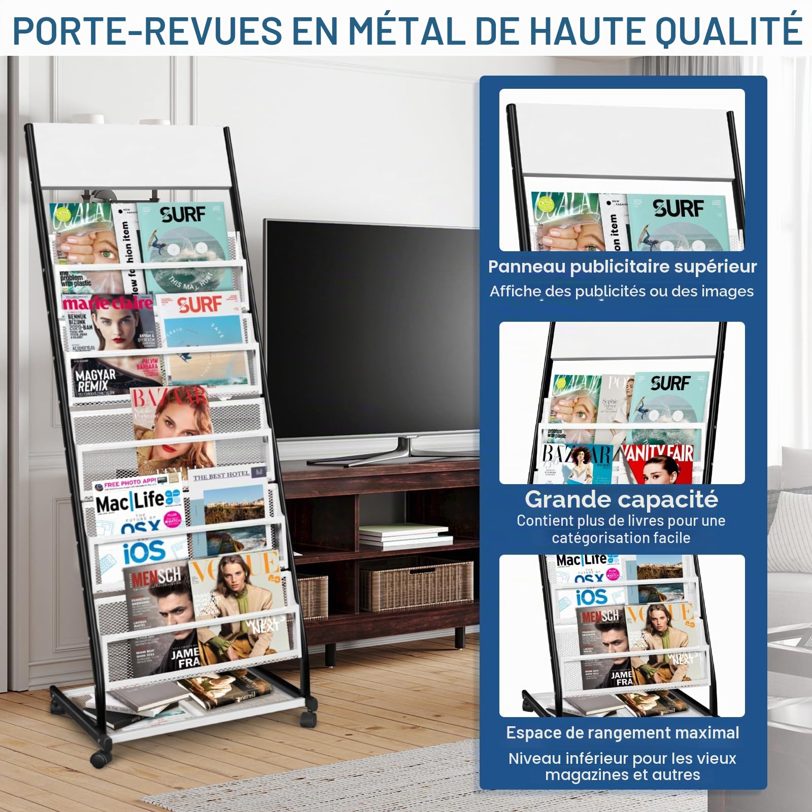 SUNDOY porte revues sur roulettes – revues sur pied et porte-catalogue – roulettes pour bureau, foires et maison (5 couches, 47,5 cm de large)