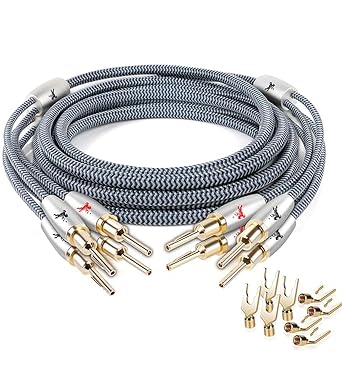14AWG Audiophile Speaker Cable with 4mm Banana Plugs, Double-Shielded & Cotton-Braided for Home Theater, Stereo Amplifier and Hi-Fi Speakers 9.84ft/3m