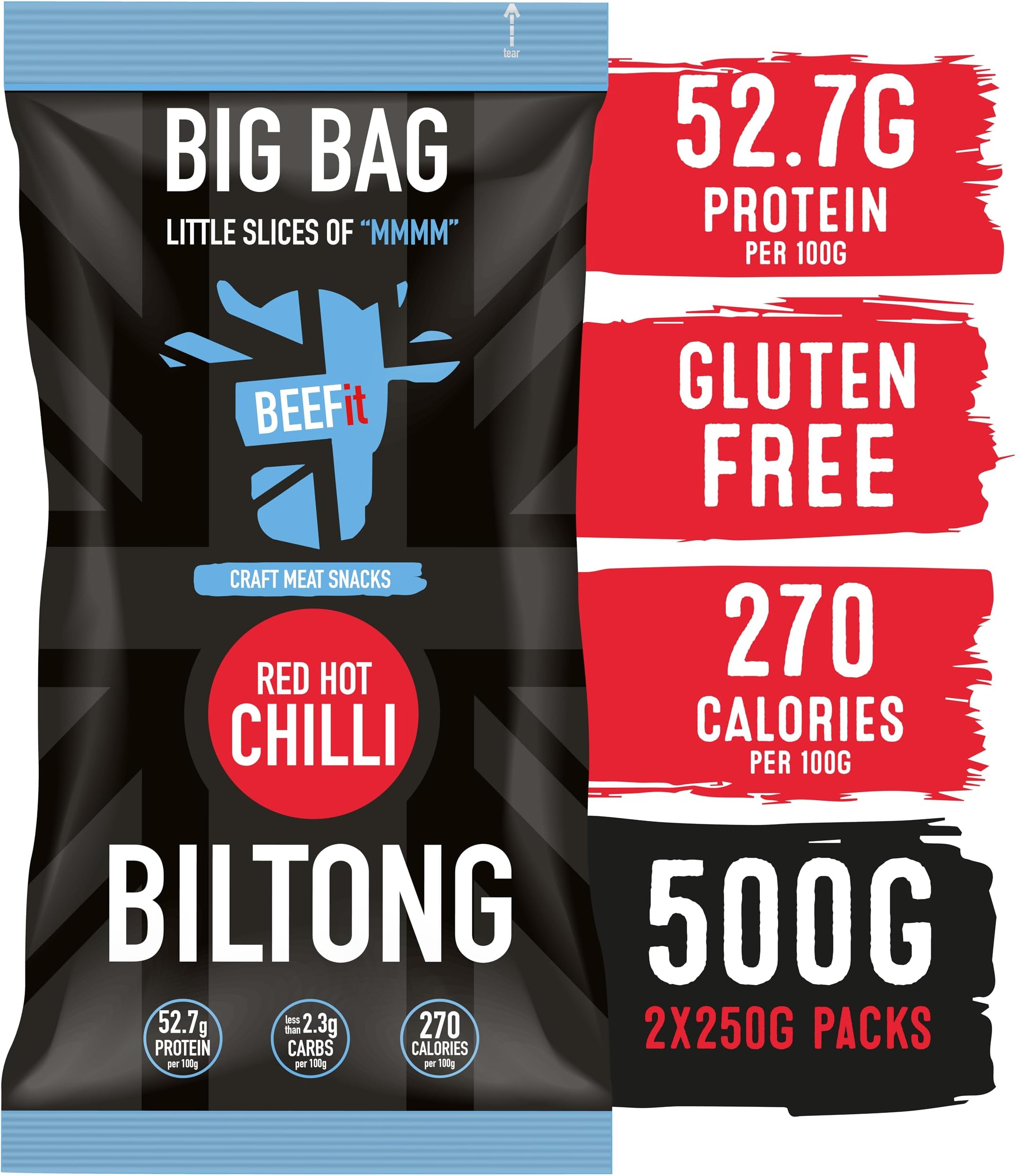 BEEFit Biltong Beef Jerky Big Bag - Healthy High Protein Snacks, Gluten Free and Keto Friendly Snack - Perfect for On-the-Go or Fitness Enthusiasts - 500g (Red Hot Chilli, 2x250g)