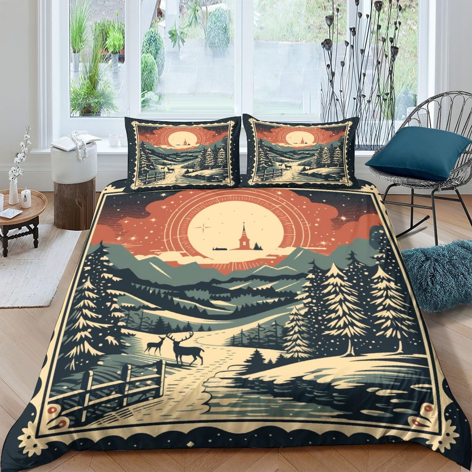 Housse de couette Noël vintage 200x200cm en microfibre avec taies