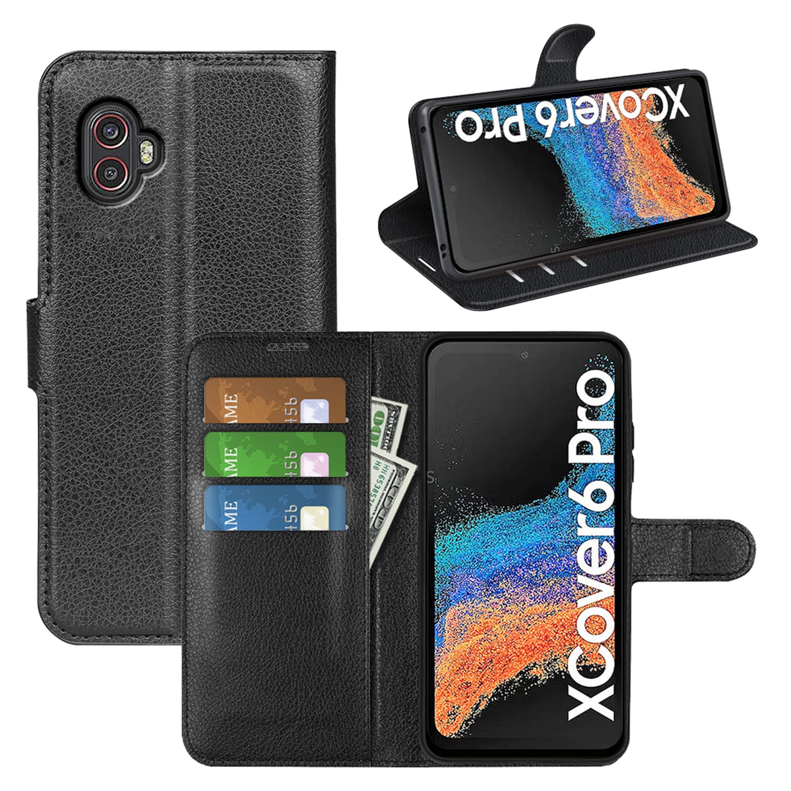 Flip Case for XCover 6 Pro Samsung Galaxy XCover6 Pro G736 2022 Wallet PU Leather Magnetic Protective Cellphone Case Folio Book Cover with Stand (Black)