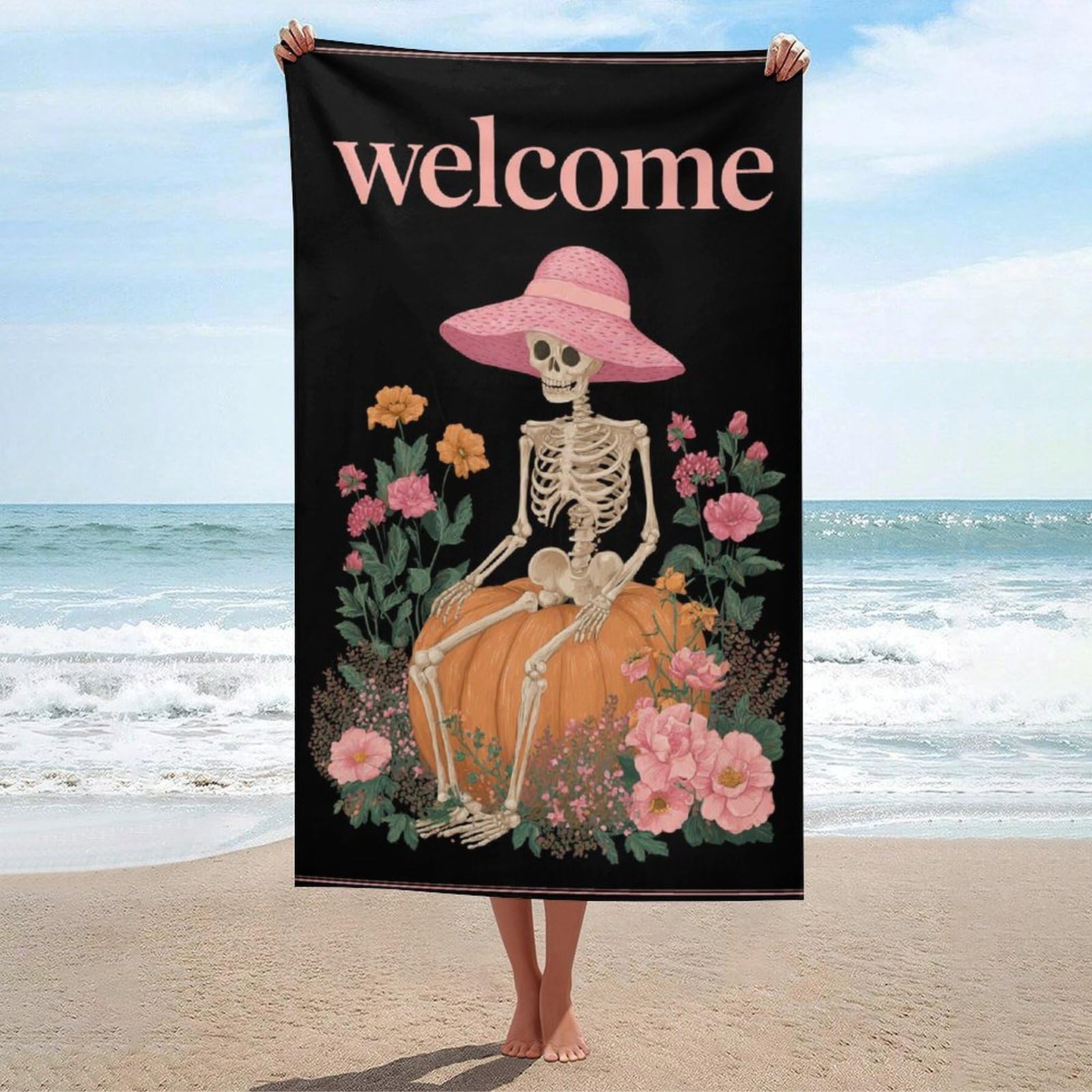 asbwuo Skeleton in Pink Hat Sitting on Pumpkin Beach Towel