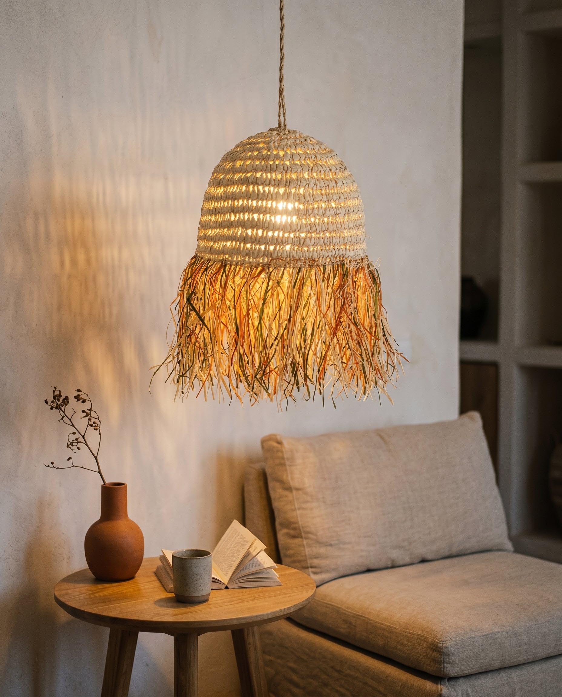 Suspension en Osier Tressé Main - Cloche à Franges Raphia - 40 cm