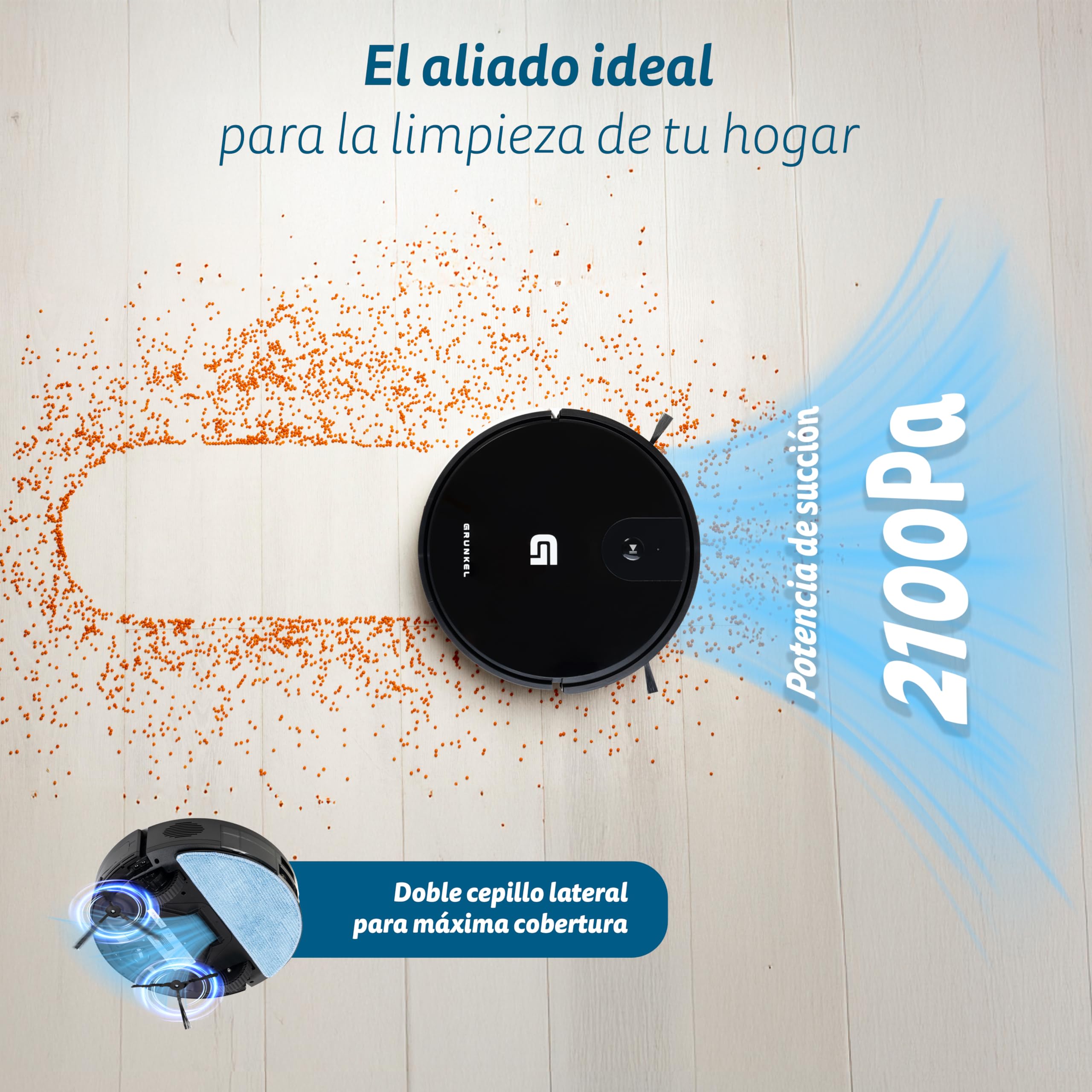 Grunkel Robot Aspirador y mopa friegasuelos I-DANCEREASY con tecnología Brushless Potencia de succión de 21Kpa y Motor de 30Kpa y 35W con autonomia 120min.