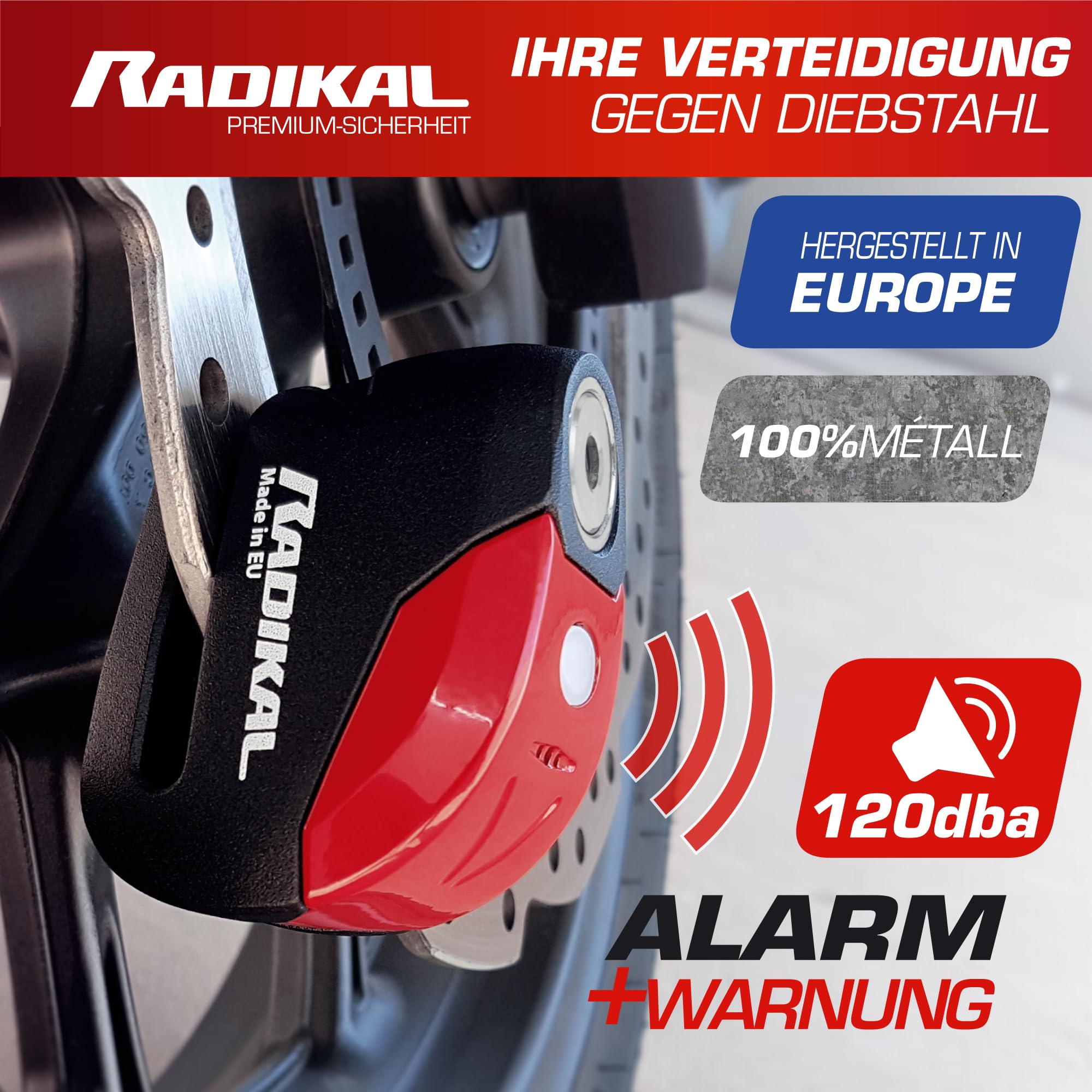 RADIKAL RK9 Bremsscheibenschloss mit Premum Alarm | 120dB, ON/OFF nach Wahl, LED Warnung Voralarm | Motorrad Schloss aus Vollmetall, 100% wasserdicht, Universal Ø6 für Motorrad Moped E-Bike Fahrrad