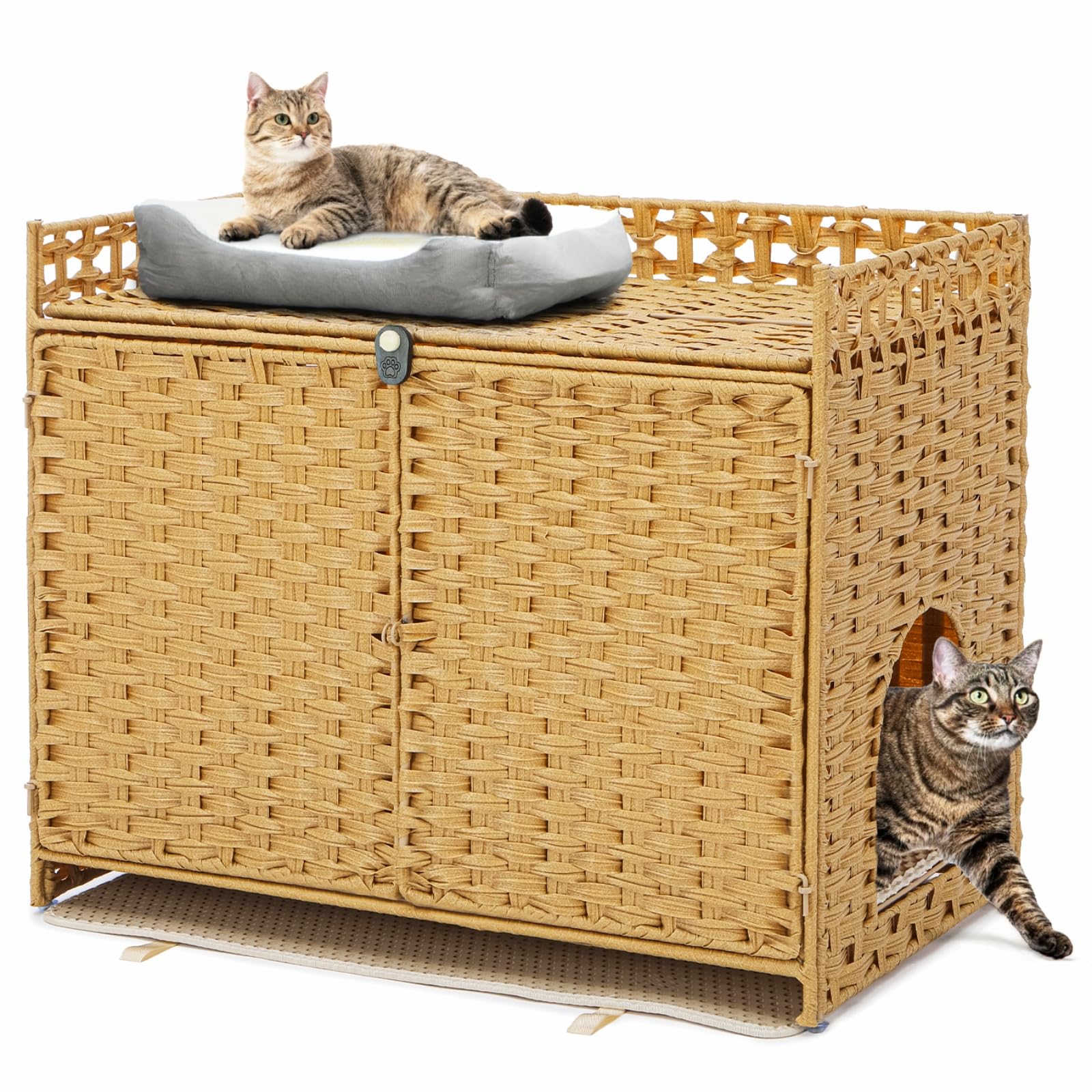 Cat Litter Box Enclosure with 2 Litter Mats for Dust Control, Litter Box Hideaway, Hidden Cat Box Furniture, Cat Box Enclosure, Handwoven Rattan Cat House with Three-Sided Fenced Top (Natural)