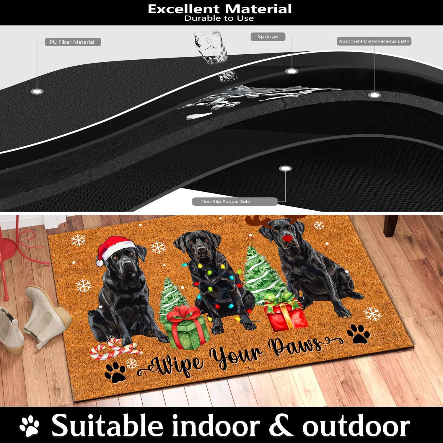 Christmas Black Labrador Retriever Mat, Cute Lab Dogs Doormat, Xmas Dogs Doormat, Welcome Mat Indoor Outdoor Entrance Floor Mat Non Slip, Keepsake Gift for Dog Lover, Pet Owner, Dog Mom, Dad