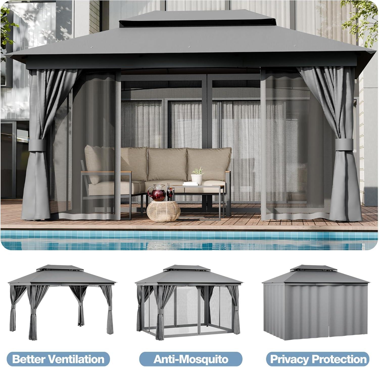Outdoor Gazebo for Patio 10'x13', Heavy Duty Shelter Canopy Tent with Mosquito Netting and Privacy Screens, Double-Roof for Backyard, Garden, Party, Deck, Lawn
