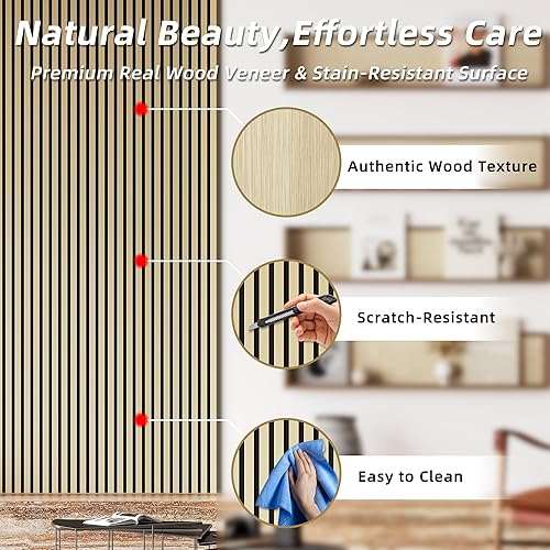 Miniatura 5 de Casaphoria Paneles de pared acústicos, 4 piezas de 23.6 x 23.6 pulgadas, paneles de pared 3D insonorizados, paneles de pared de listones de madera