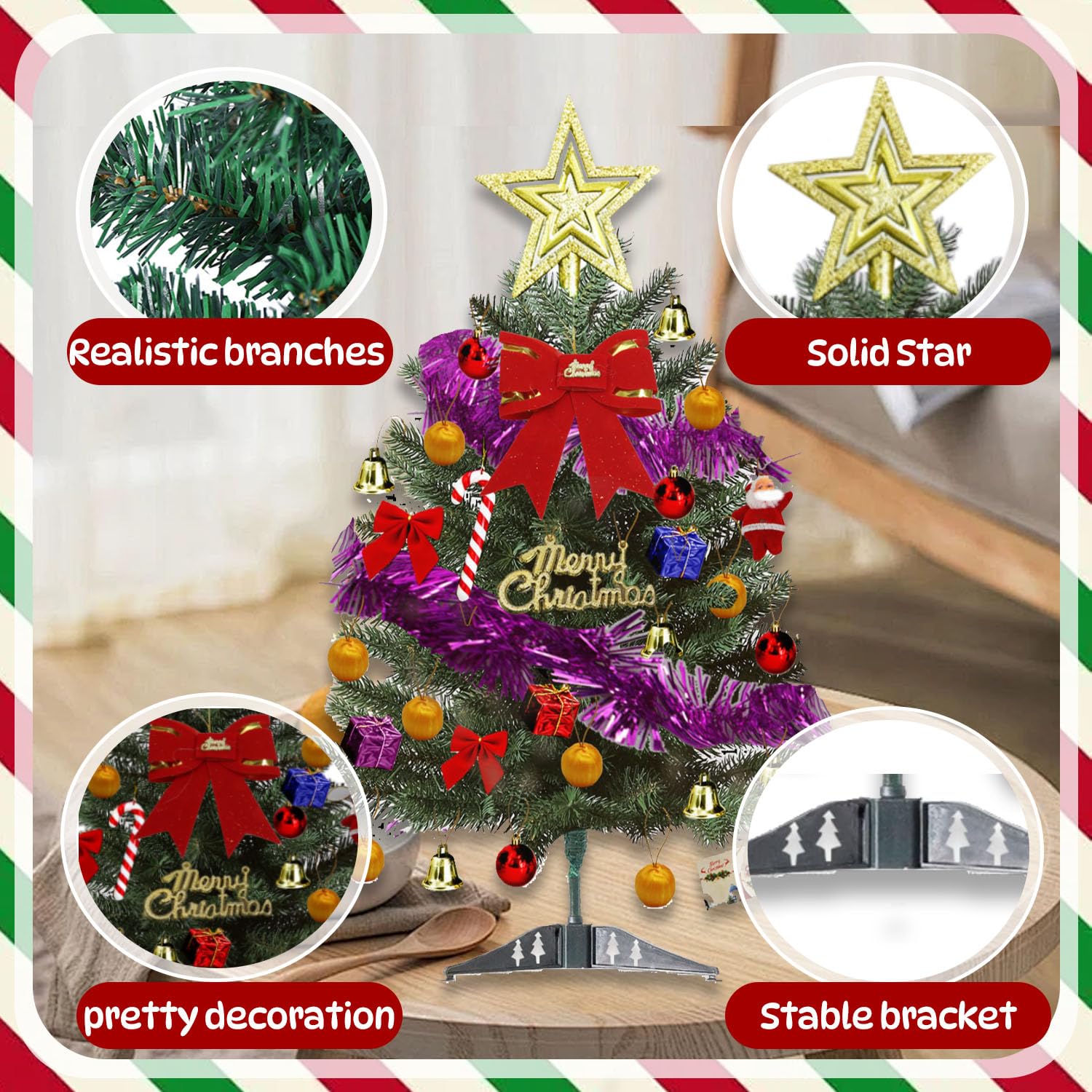 Mini Sapin De Noël Artificiel 60cm Avec 29 Décorations Et Lumières LED - Parfait Pour Bureau Et Table
