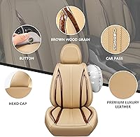 Vista 6 de CAR PASS Fundas de cuero beige para asiento de automóvil, juego completo de fundas de asiento automotriz transpirables e impermeables, cojín