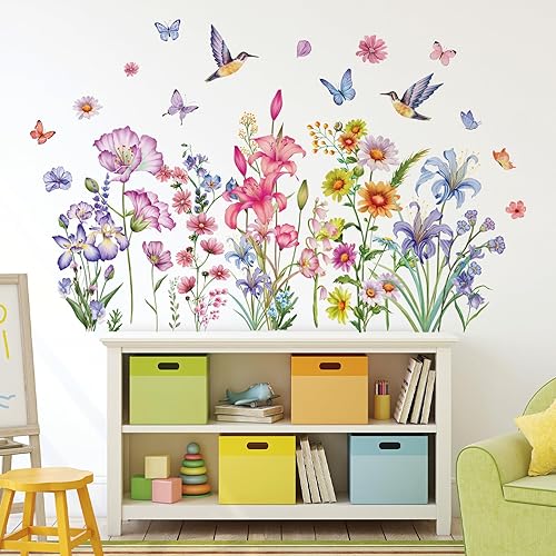 Calcomanías de pared de flores coloridas, calcomanías de pared florales extraíbles, vinilo autoadhesivo, mural de pared de tinta, estilo de pintura,