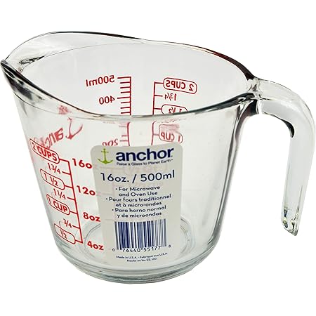 Anchor Hocking 2 Cup (16 Ounce) Glass Measuring Cup, clear glass with red lettering (Anc-9439)