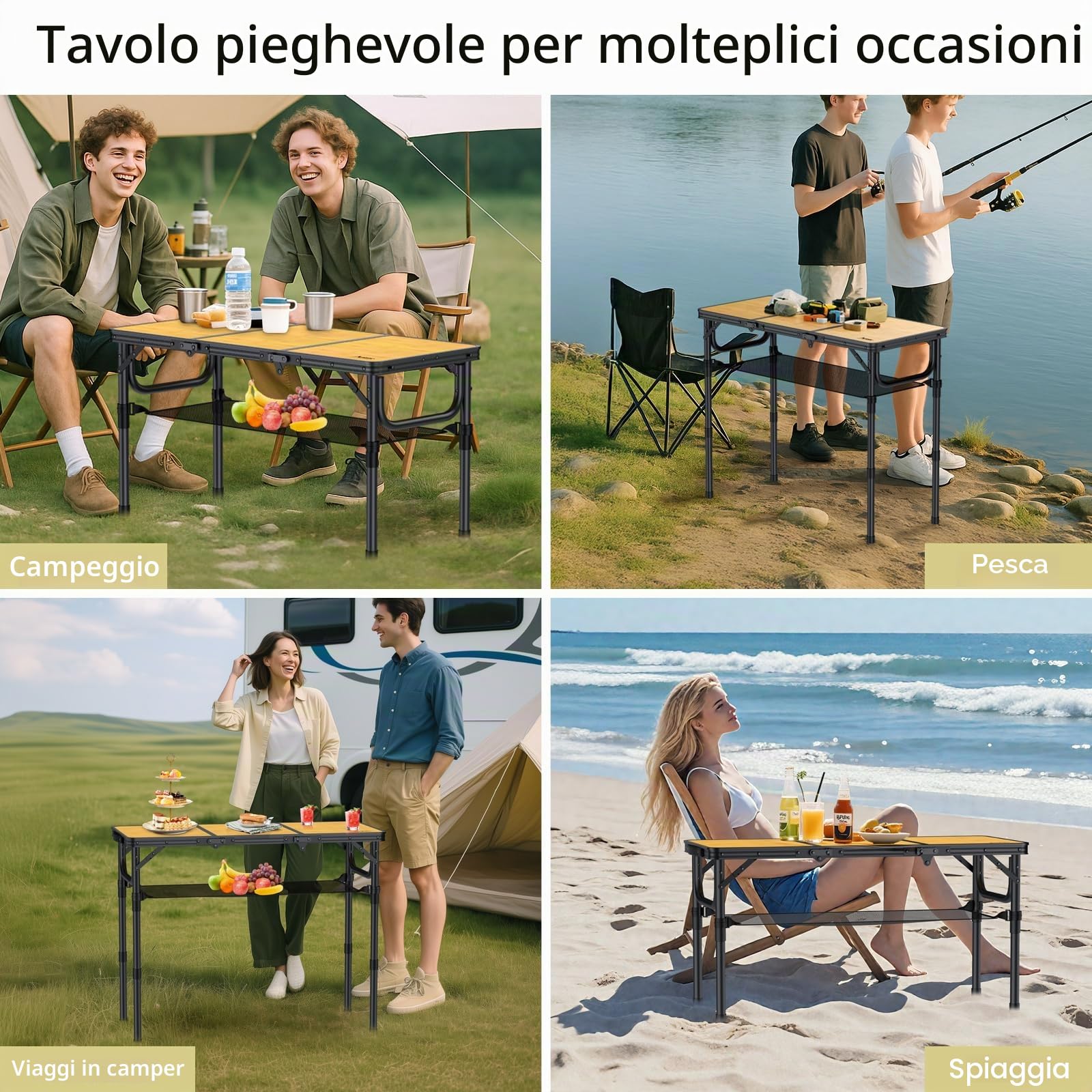 Anbte Tavolo Pieghevole da Campeggio Giardino,3 Regolabile In Altezza Portatile Tavolino da Caffè-87 * 40cm Effetto Legno Tavoli per Picnic/Spiaggia/Camera/Lavoro/Truccarsi