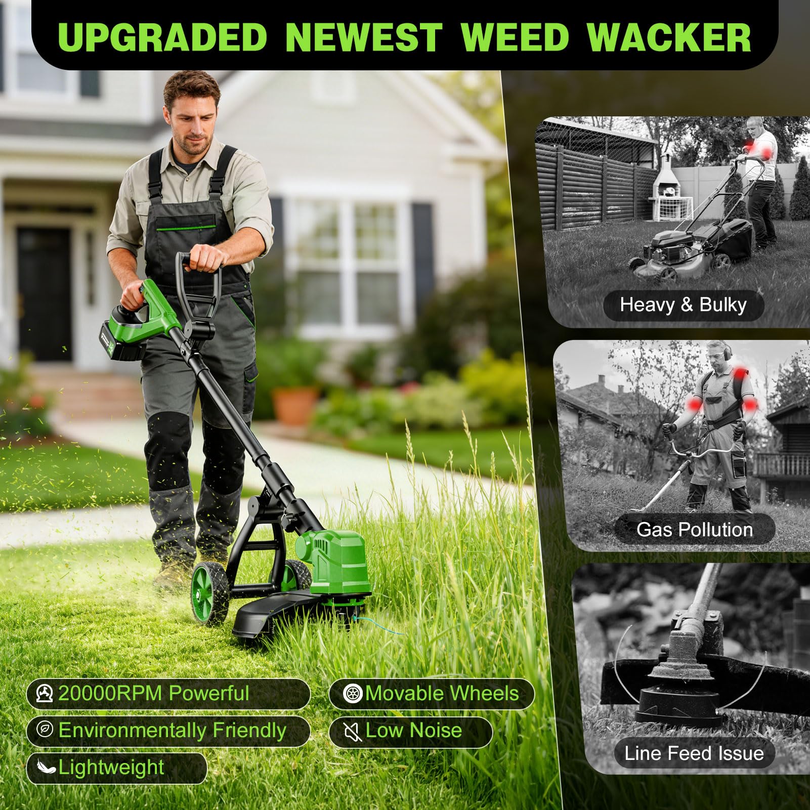 Desbrozadora Bateria con Ruedas,36CM Desbrozadora Electrica con 2 * 3.0 Ah Baterías,800W Motor sin Escobillas,4-in-1 Cortadora de Césped con 8 Bobinas de Repuesto para Jardín y Césped