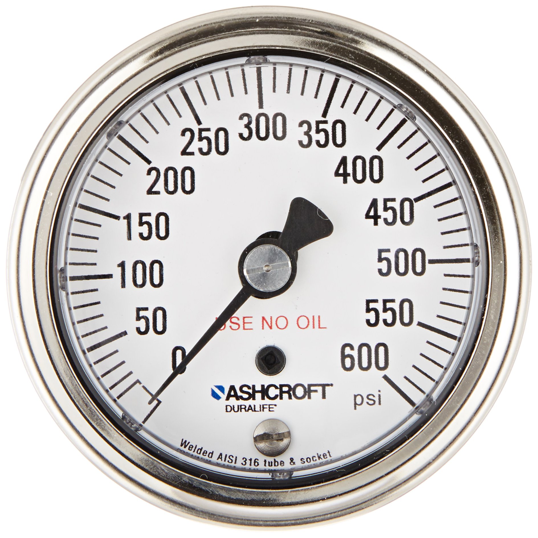 Ashcroft Duralife Type 1009SW Stainless Steel Case Dry Filled Pressure Gauge, Clean for Gaseous Oxygen Service, Stainless Steel Tube and Socket, 2-1/2