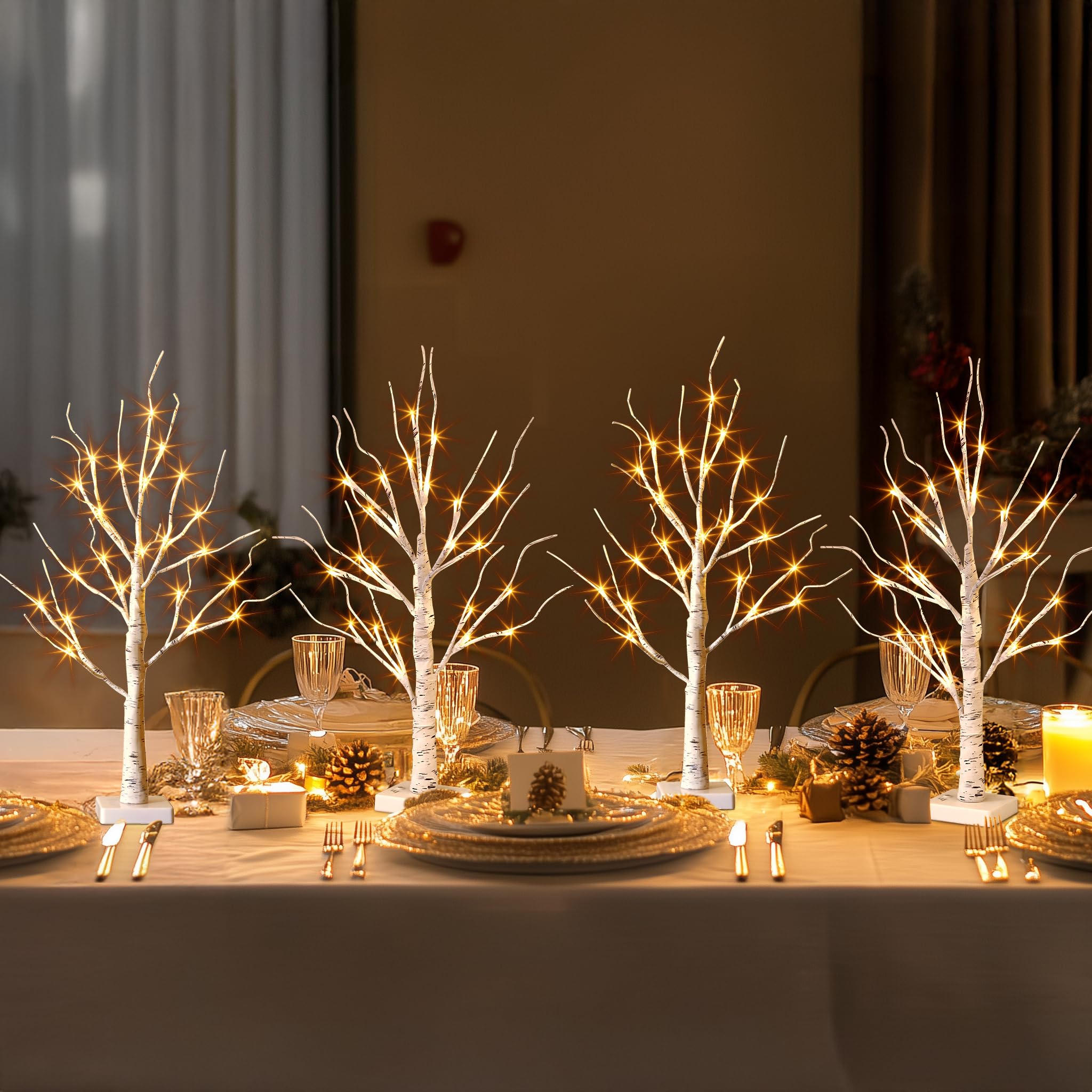 Vanthylit Birch Tree with LED Lights for Easter Christmas Decorations Indoor, Lighted Tabletop Tree 22inch 24 LED White Twig Battery Operated Small Artificial Trees for Table Centerpiece Mantel 4pcs