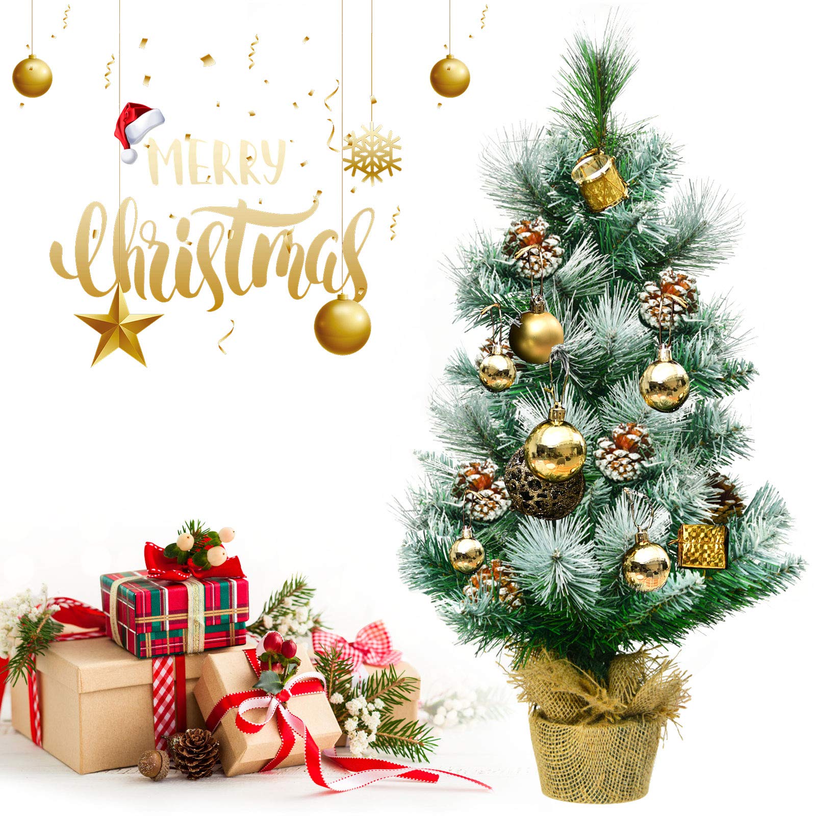 Árbol de Navidad 2 pies/60 cm, pequeños árboles Artificiales con piñas y Base, decoración navideña for Camino jardín Mesa Interior(Green+White)