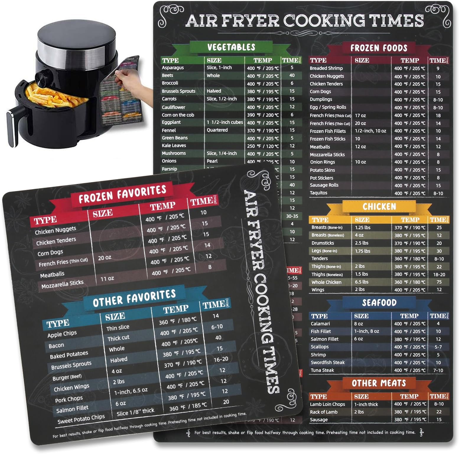 2 Pack Air Fryer Magnetic Cheat Sheet - Air Fryer Cooking Times Chart Magnet Accessories, Airfryer Accessory Quick Reference Guide for Cooking and Frying, Cook Times Chart & Kitchen Conversions