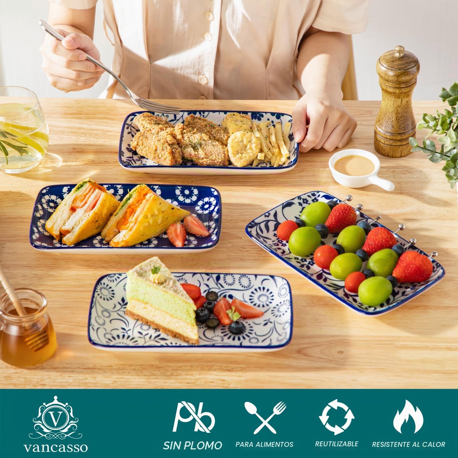vancasso SELENE Juego de 6 Platos Pequeños para Servir - 22 x 13 cm Platos Rectangulares Para Postres, Sushi, Aperitivos - Apto para Microondas - Estilo A Azul y Blanco Chino