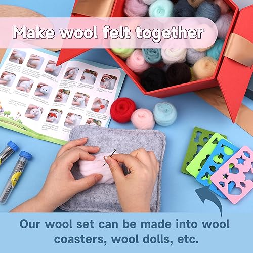 Miniatura 6 de JUPEAN Kit de fieltro de aguja de 117 piezas, kit de iniciación de fieltro de aguja, 48 colores, agujas de lana para itinerar, herramientas y