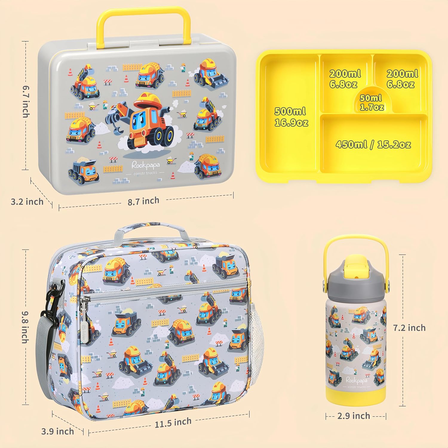 rockpapa 5 Compartment Bento Lunch Box with Ice Pack for Kids with Uensils & Insulated Water Bottle & Lunch Bag, BPA-Free Lunch Containers Set for School Boys Girls Ages 3+ (Grey Constr Trucks) - Image 2