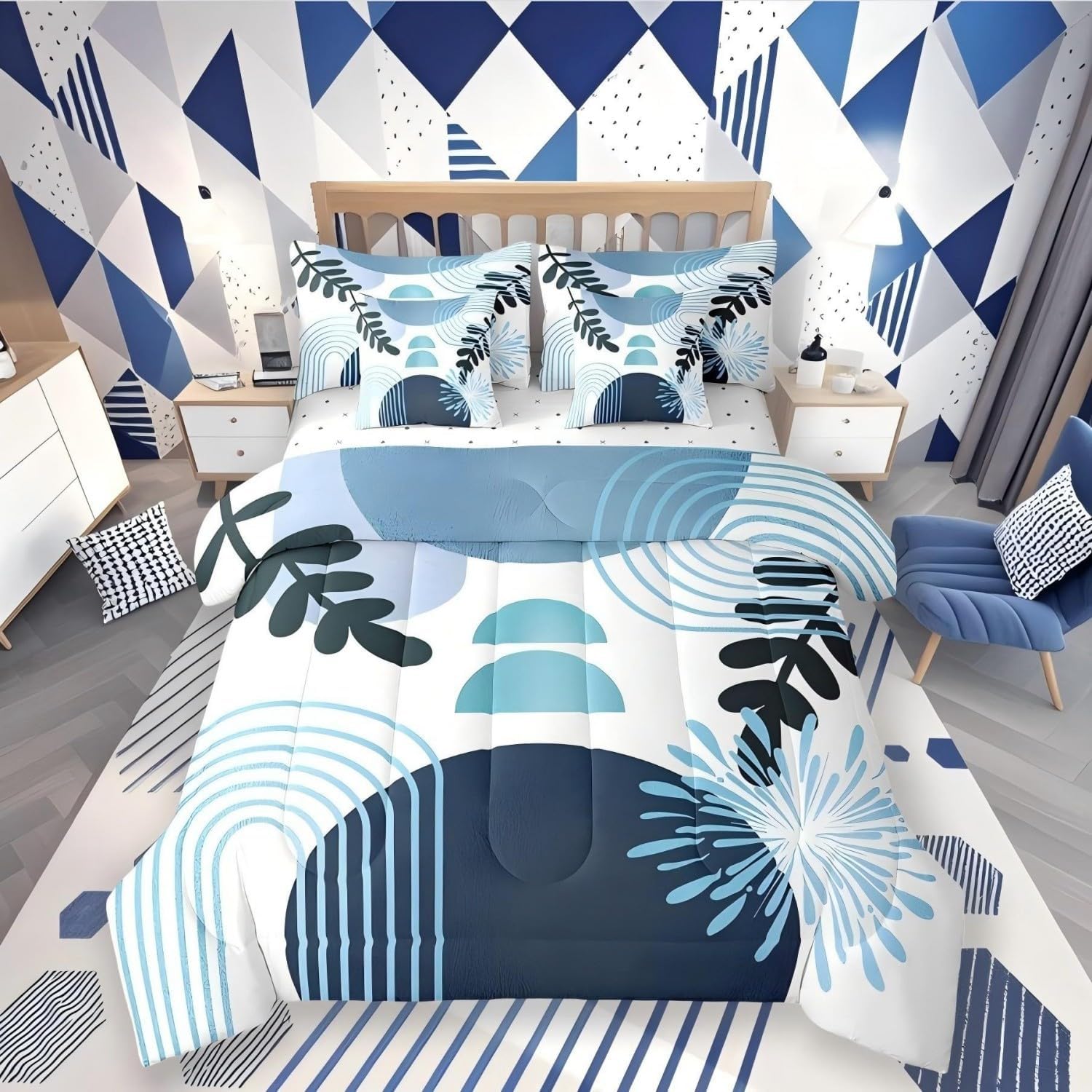 Boho Mid Century Bed in a Bag King Size Comforter Set 7 Pieces Abstract Geometric Modern Minimalist Bedding Sets,Geometric Line Art Sheet Set Circle Graphic Ombre Stripes Room Decor,Teal Blue