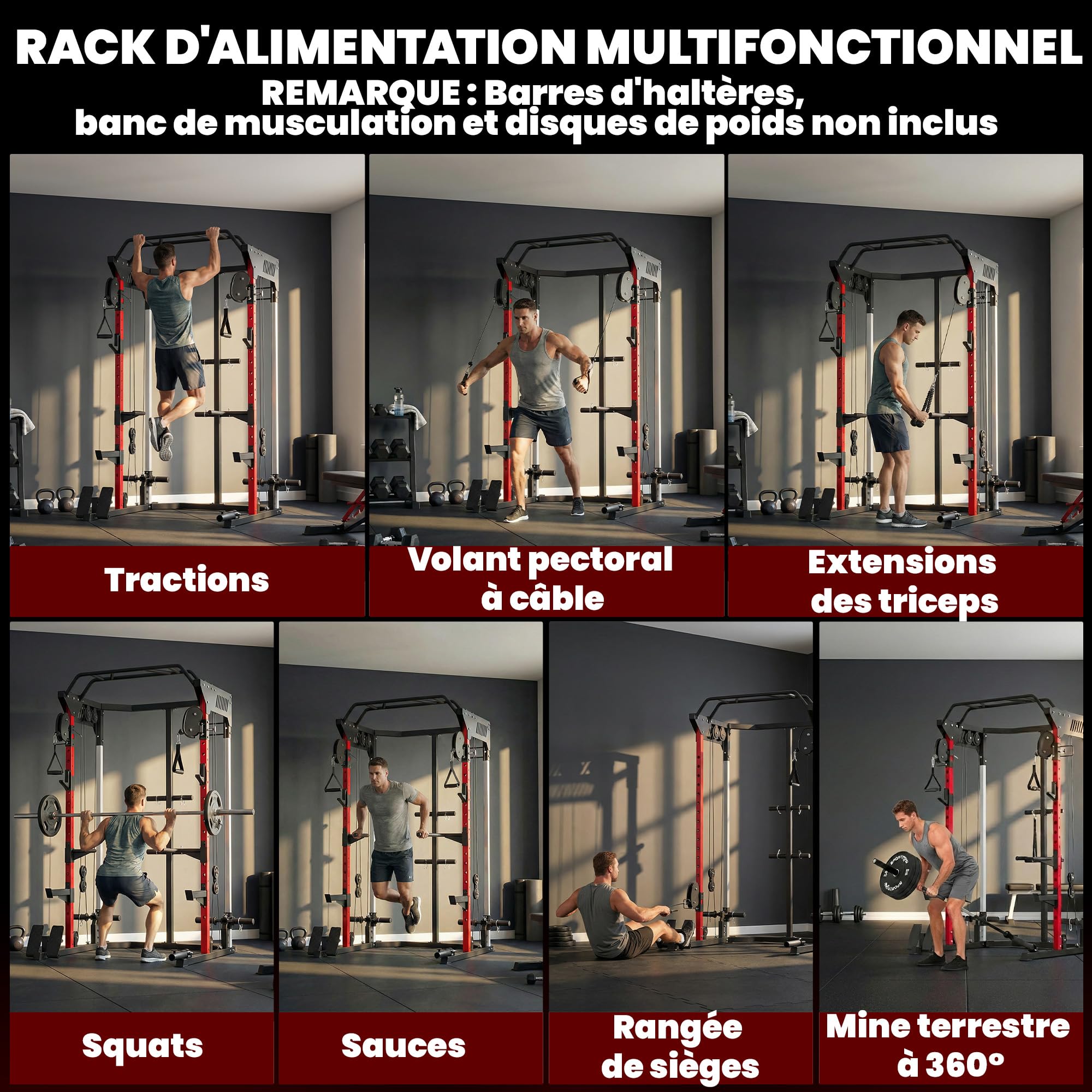 SPORTNOW Stazione di sollevamento Power Rack 900 kg - Gabbia per squat con doppia puleggia regolabile a 19 livelli - Home Gym Completo per allenamento di forza, con tiraggio Lat e accessori, nero