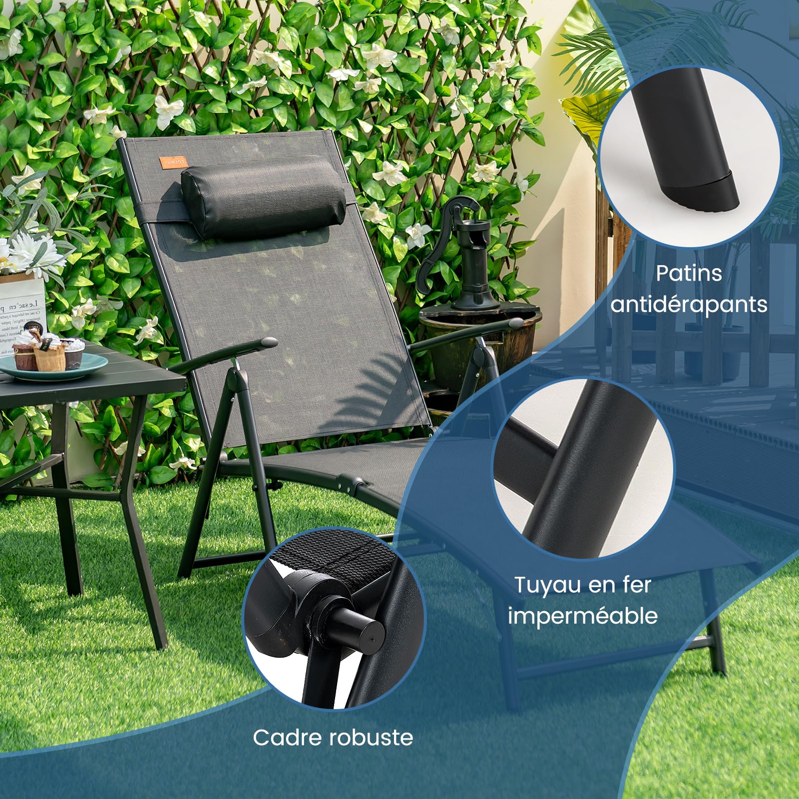 GOPLUS Transat Jardin Exterieur Pliante avec Dossier Réglable à 7 Niveaux, 142 x 61 x 103 CM, Bain de Soleil avec Accoudoir, Repose-tête, Charge 150 KG, Idéal pour Piscine, Jardin, Terrasse (Noir)