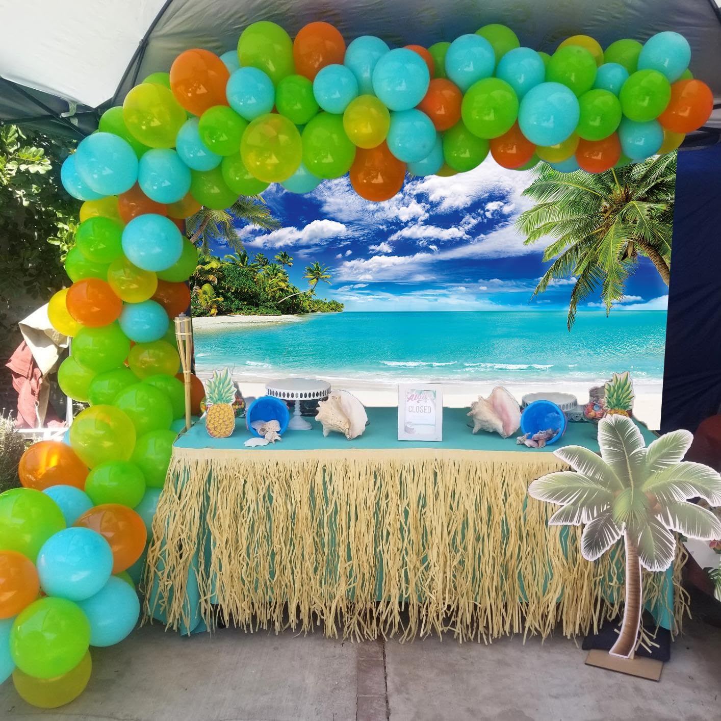 夏のビーチ背景幕 7x5フィート トロピカルヤシの葉 ハワイアンビーチ 写真撮影の背景 アロハ ルアウ プール パーティー デコレー