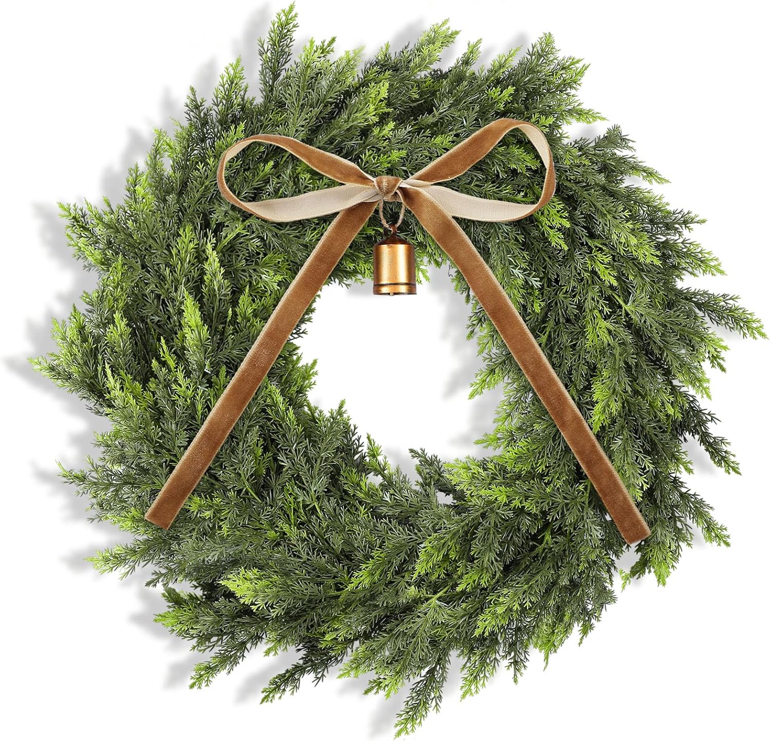 Dingion 12" Real Touch Christmas Cedar Wreath Realistic Artificial Cedar Wreaths for Front Door Small Fake Pine Cypress Wreaths with Cow Bell Velvet Ribbon for Xmas Holiday Outdoor Indoor Home Decor 12 Inch Bow Brown
