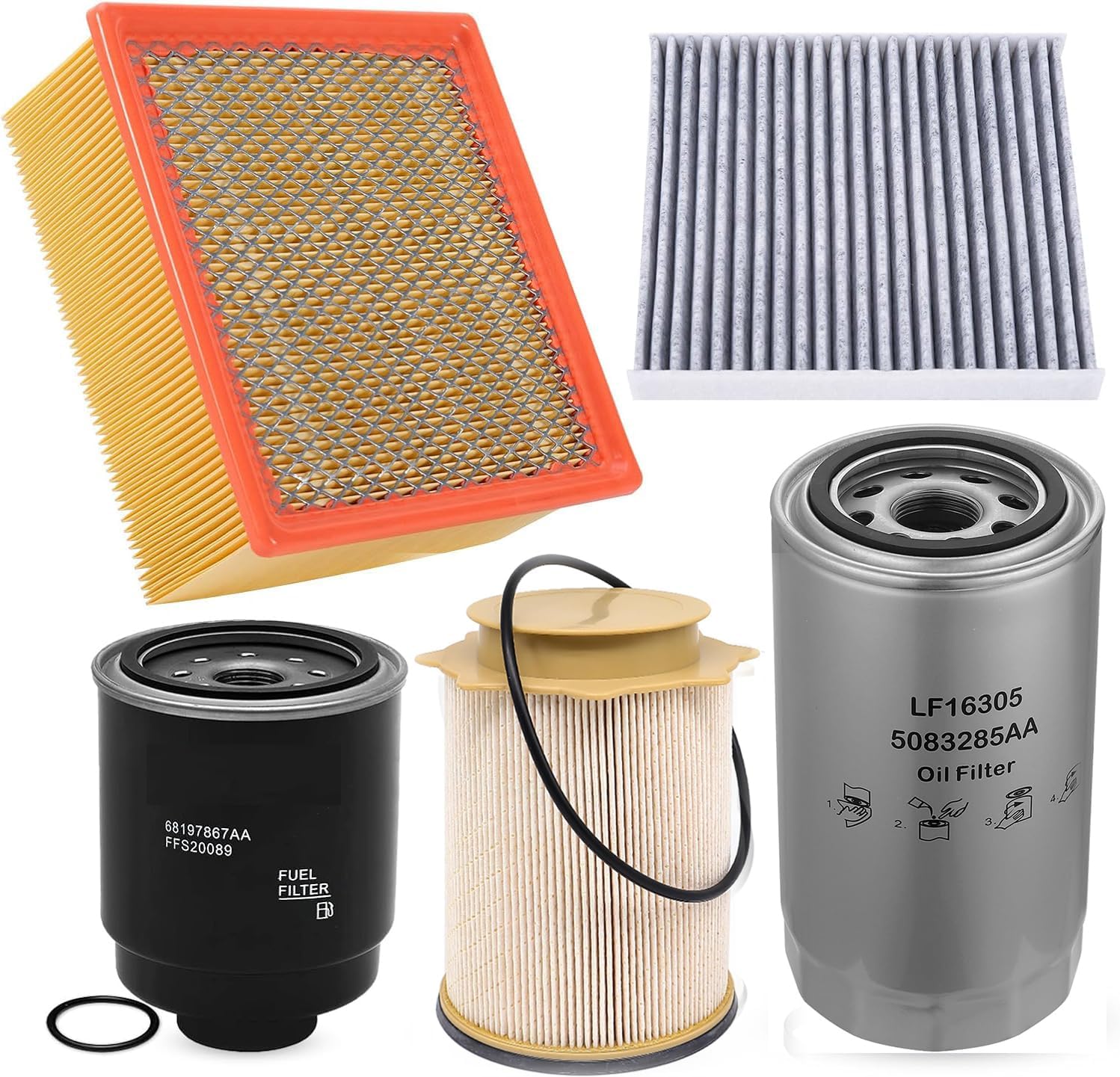 6.7 Cummins Diesel Filters Kit Compatible with 2013-2018 Ram 2500 3500 4500 5500 6.7L Cummins Diesel Oil Fuel Engine Cabin Air Filtration 5083285AA 53034051AB 68406048AA 68157291AA 68197867AA