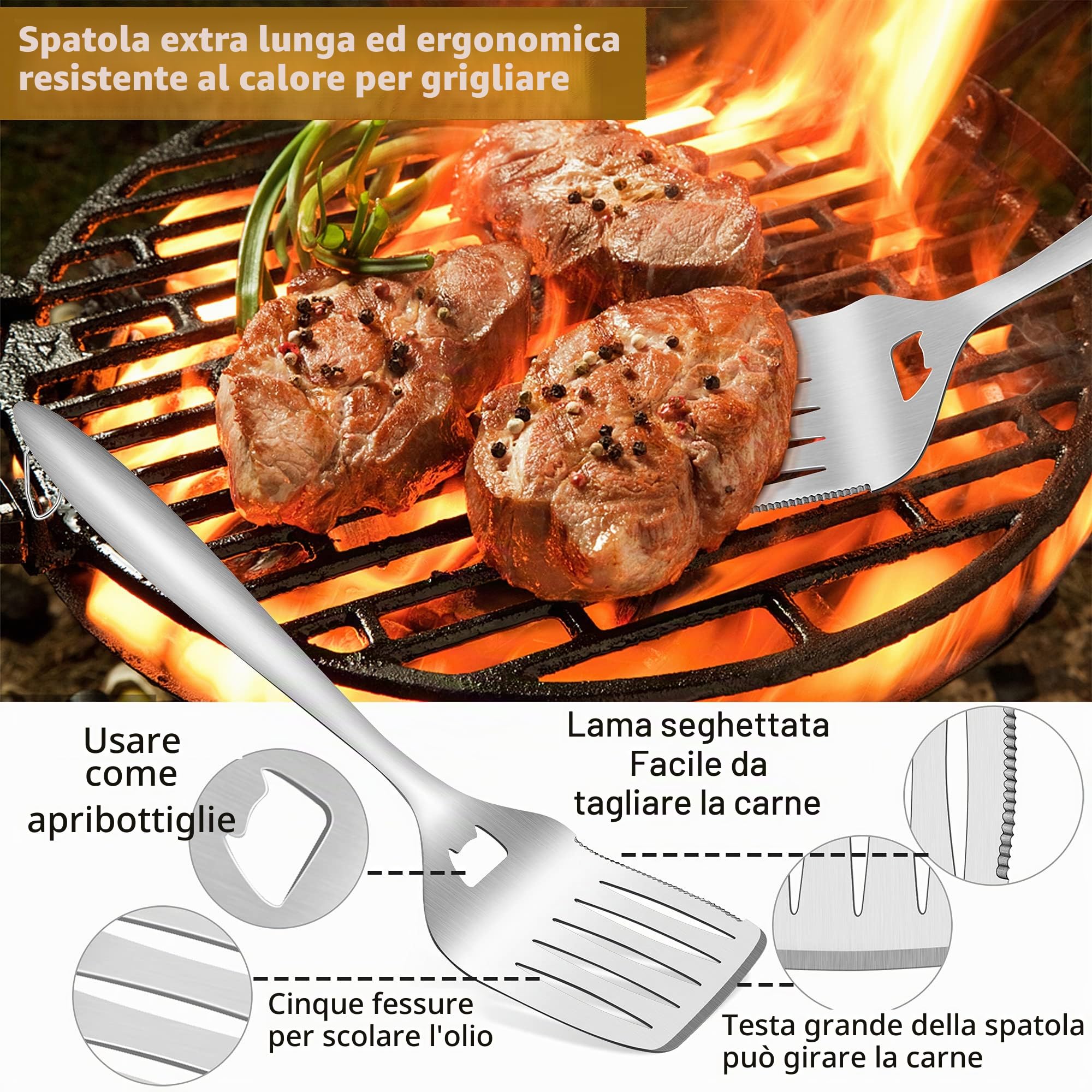 Herogo Set di 6 posate per barbecue, in acciaio inox, con borsa il trasporto, set utensili da barbecue pinza, forchetta, spazzola accessori uomini, regalo Natale