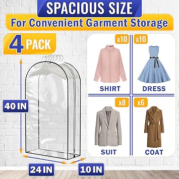 4 Pcs 40-Inch Clear Garment Bags for Hanging Clothes, Dust-Proof