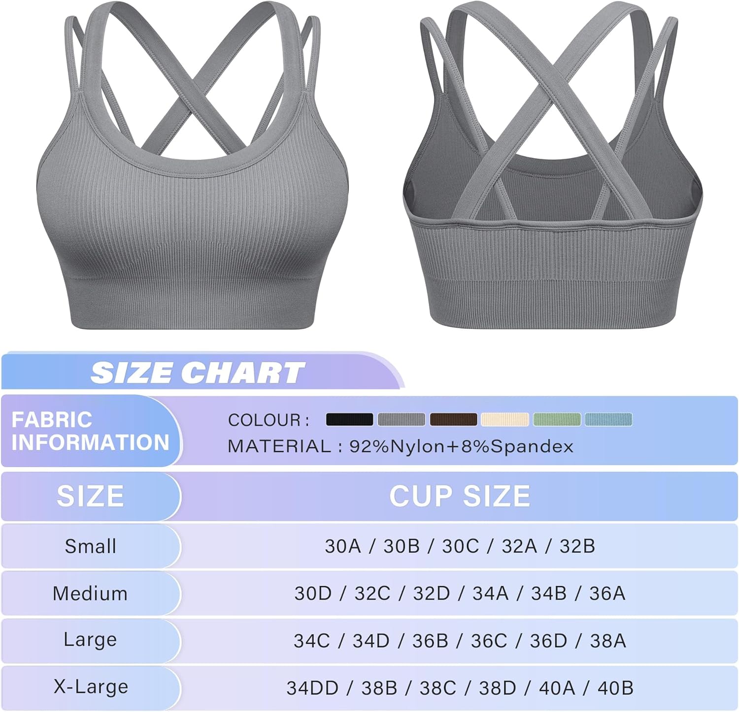 WANAYOU Sports Bras for Women High Support Ribbed Strappy Running Sports Bra Criss Cross Back Workout Bra Padded 3 Pack - Image 6