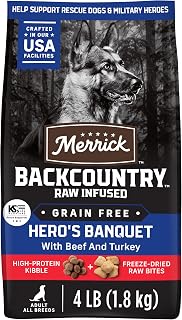 Merrick Backcountry Grain Free Dry Adult Dog Food, Kibble With Freeze Dried Raw Pieces, Hero’s Banquet Recipe - 4.0 lb. Bag