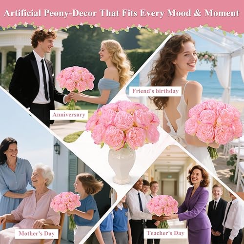 Miniatura 4 de U'Artlines 2 Ramos 10 Cabezas Flor de Peonía de Seda Artificial Hoja Hogar Oficina Boda Fiesta Festival Bar Decoración (Rosa)